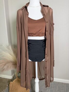 New Better Be - Women’s Brown Sheer Mesh Button up